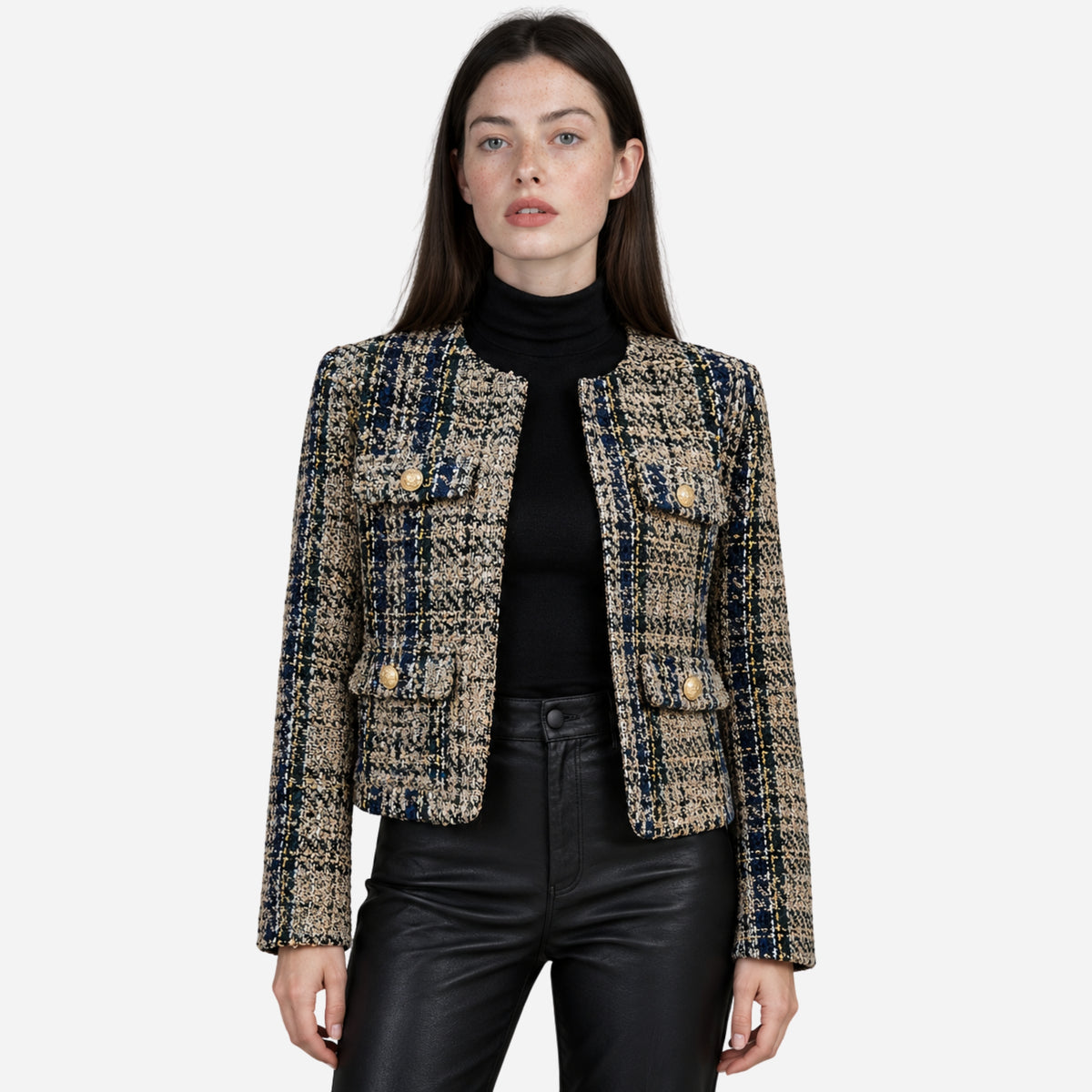 Women’s Collarless Textured Plaid Short Blazer-Fowsa