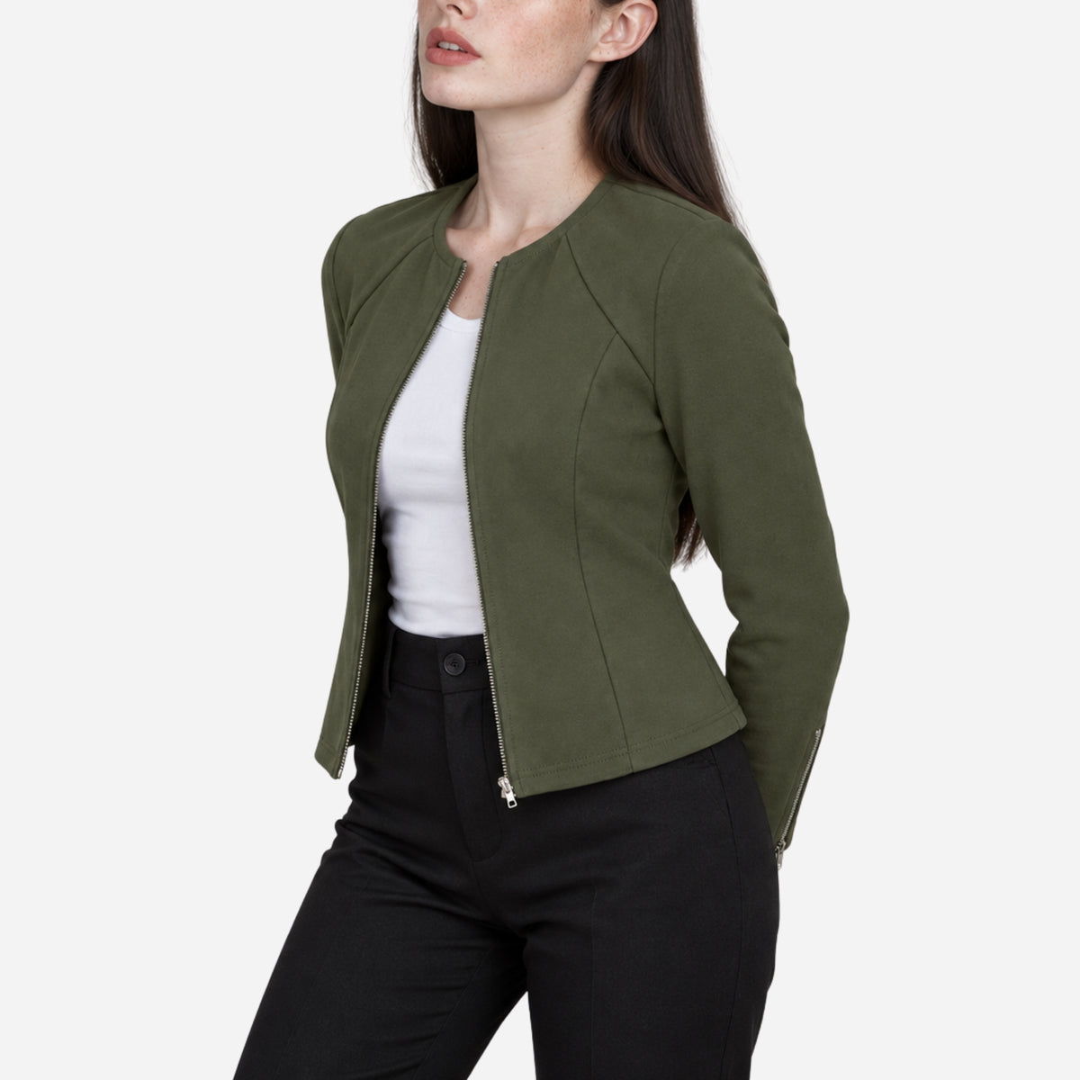 Women’s Collarless Textured Zip-Cuff Cropped Jacket-Fowsa