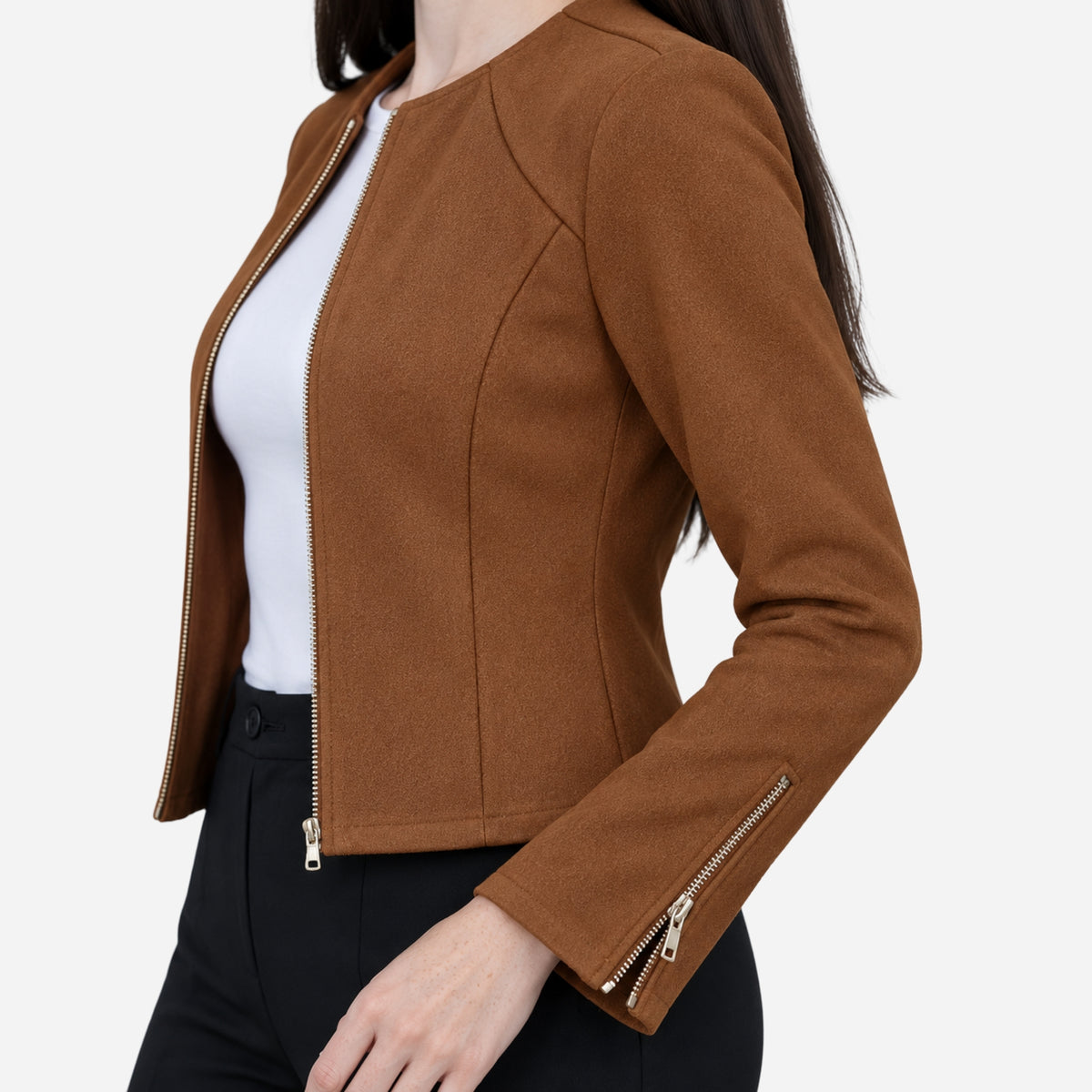 Women’s Collarless Textured Zip-Cuff Cropped Jacket-Fowsa