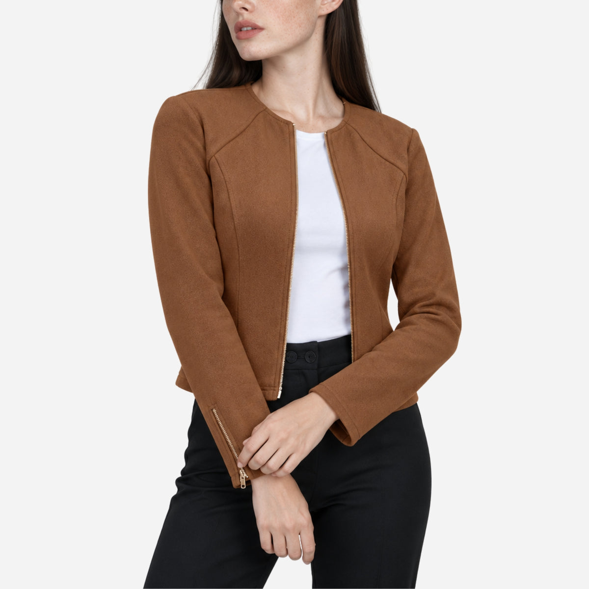 Women’s Collarless Textured Zip-Cuff Cropped Jacket-Fowsa