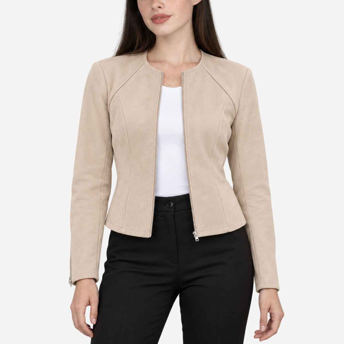 Women’s Collarless Textured Zip-Cuff Cropped Jacket-Fowsa