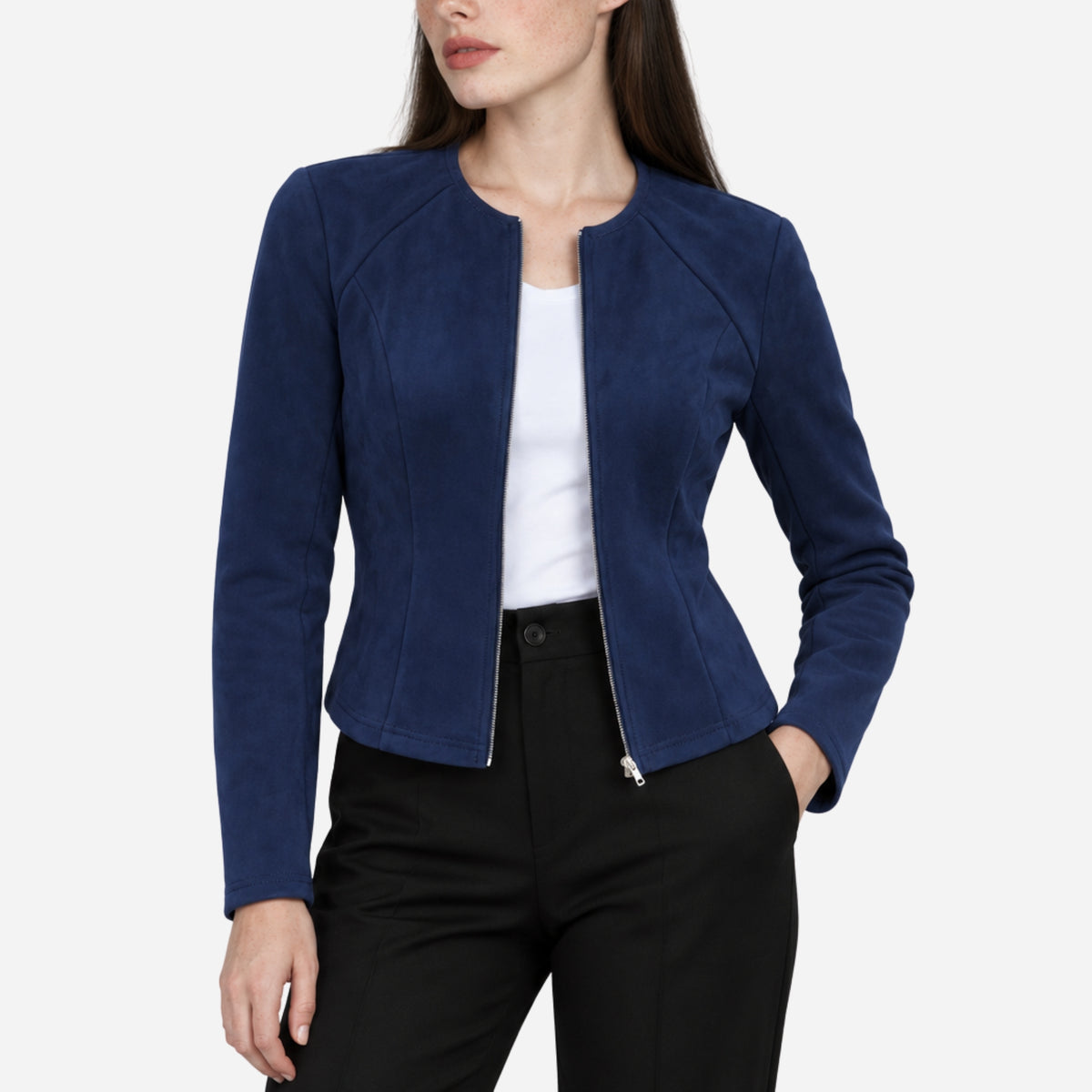 Women’s Collarless Textured Zip-Cuff Cropped Jacket-Fowsa