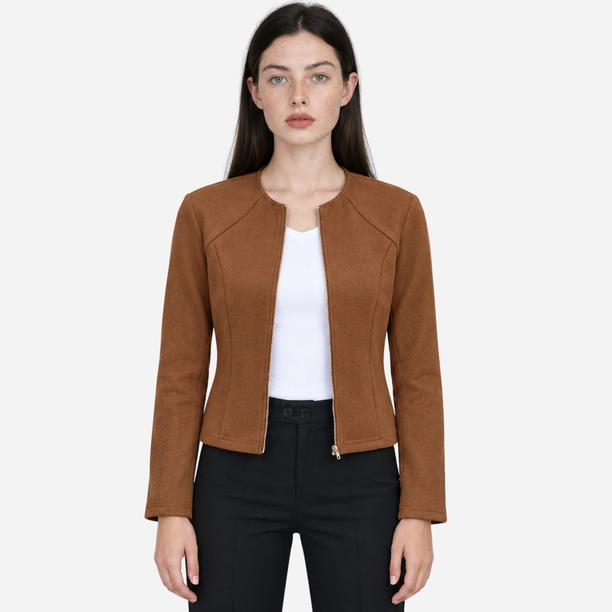 Women’s Collarless Textured Zip-Cuff Cropped Jacket-Fowsa