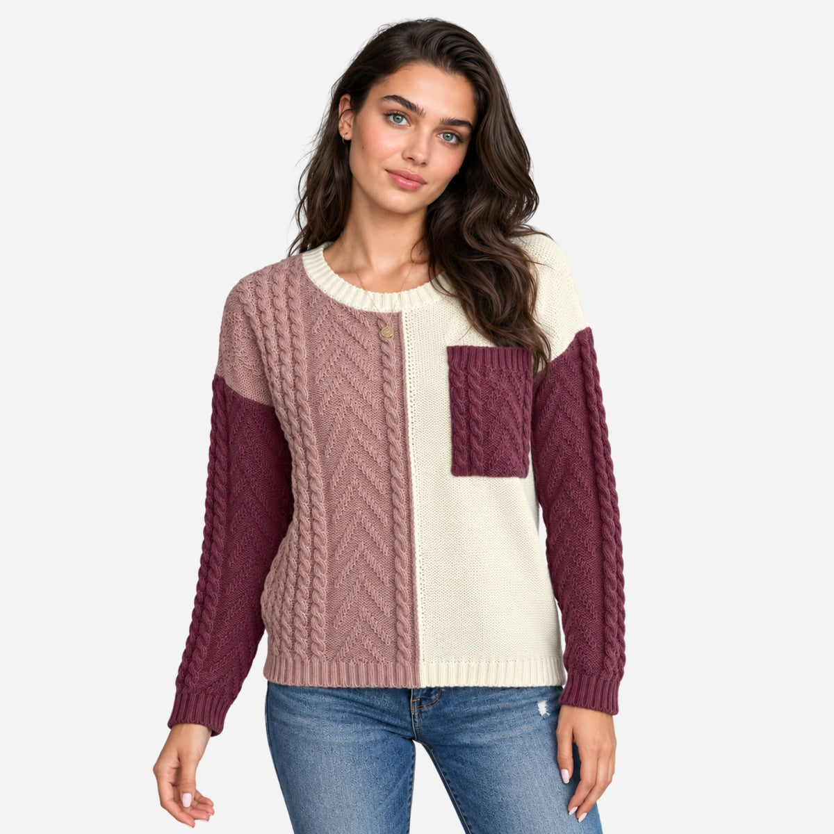 Women’s Colour-Block Cable-Knit Jumper-Fowsa