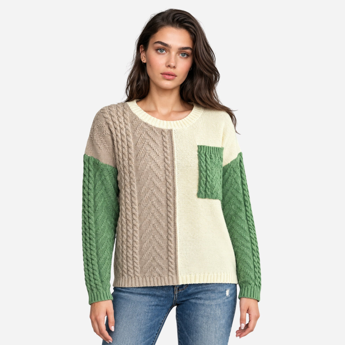 Women’s Colour-Block Cable-Knit Jumper-Fowsa