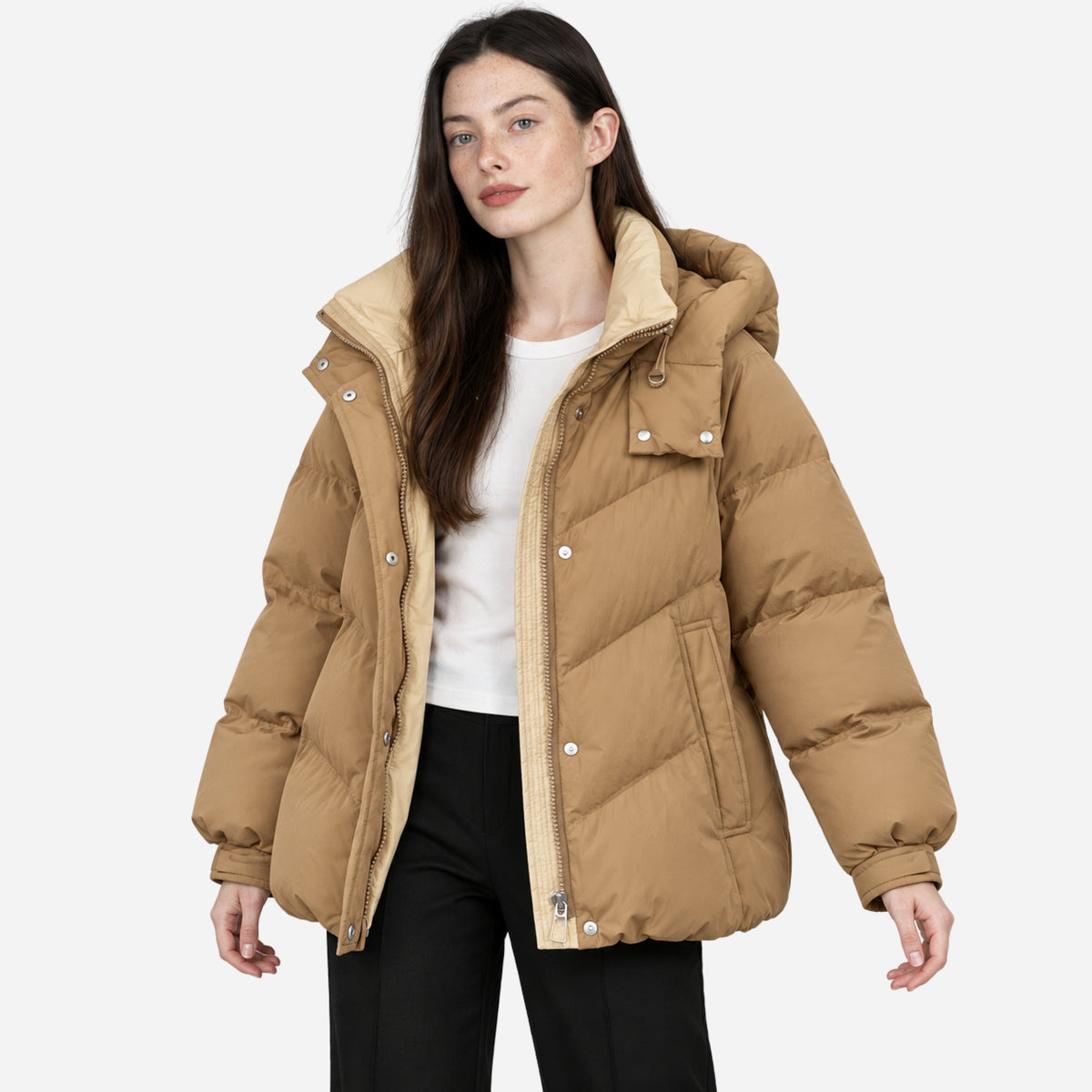 Women’s Colour-Block Hooded Puffer Jacket-Fowsa