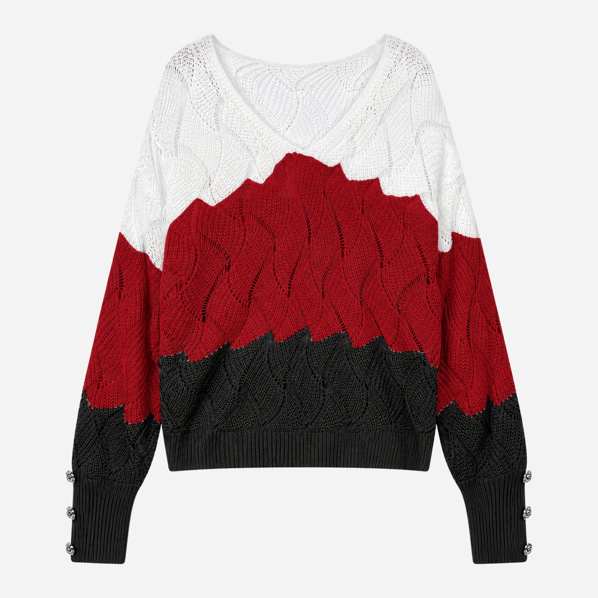 Women’s Colour-Block Openwork V-Neck Knitted Jumper-Fowsa