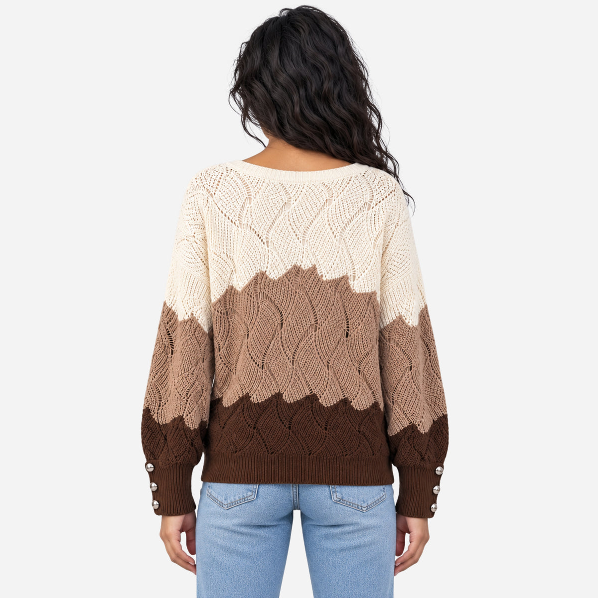 Women’s Colour-Block Openwork V-Neck Knitted Jumper-Fowsa