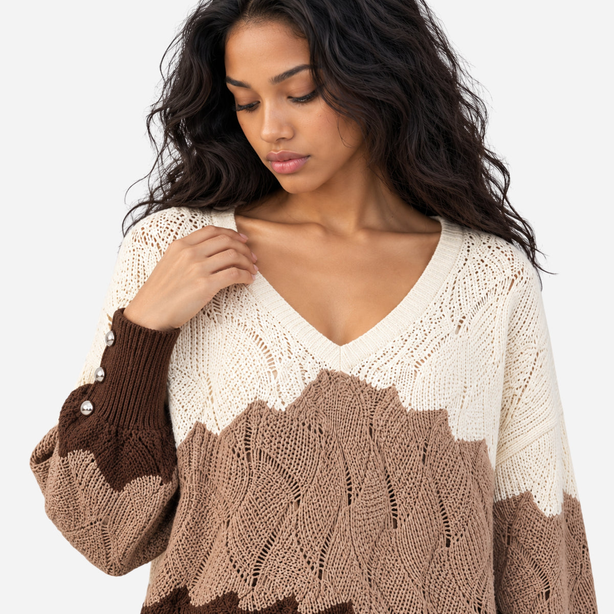 Women’s Colour-Block Openwork V-Neck Knitted Jumper-Fowsa