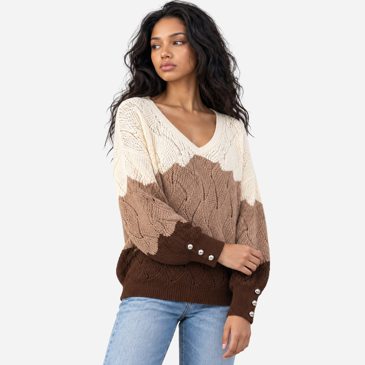 Women’s Colour-Block Openwork V-Neck Knitted Jumper-Fowsa