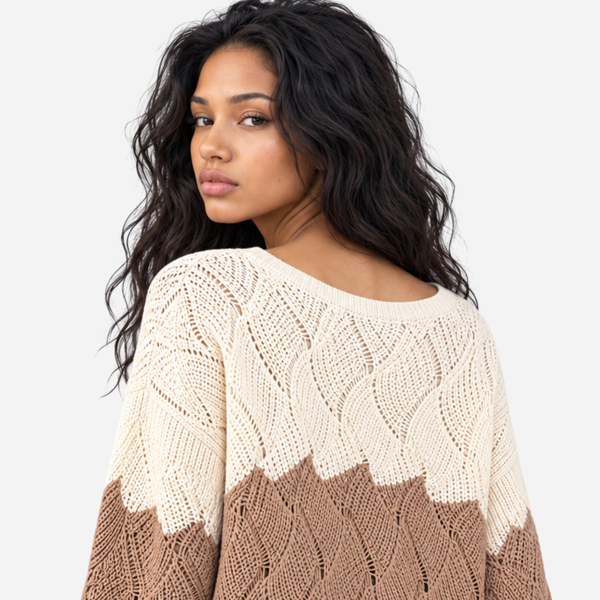 Women’s Colour-Block Openwork V-Neck Knitted Jumper-Fowsa