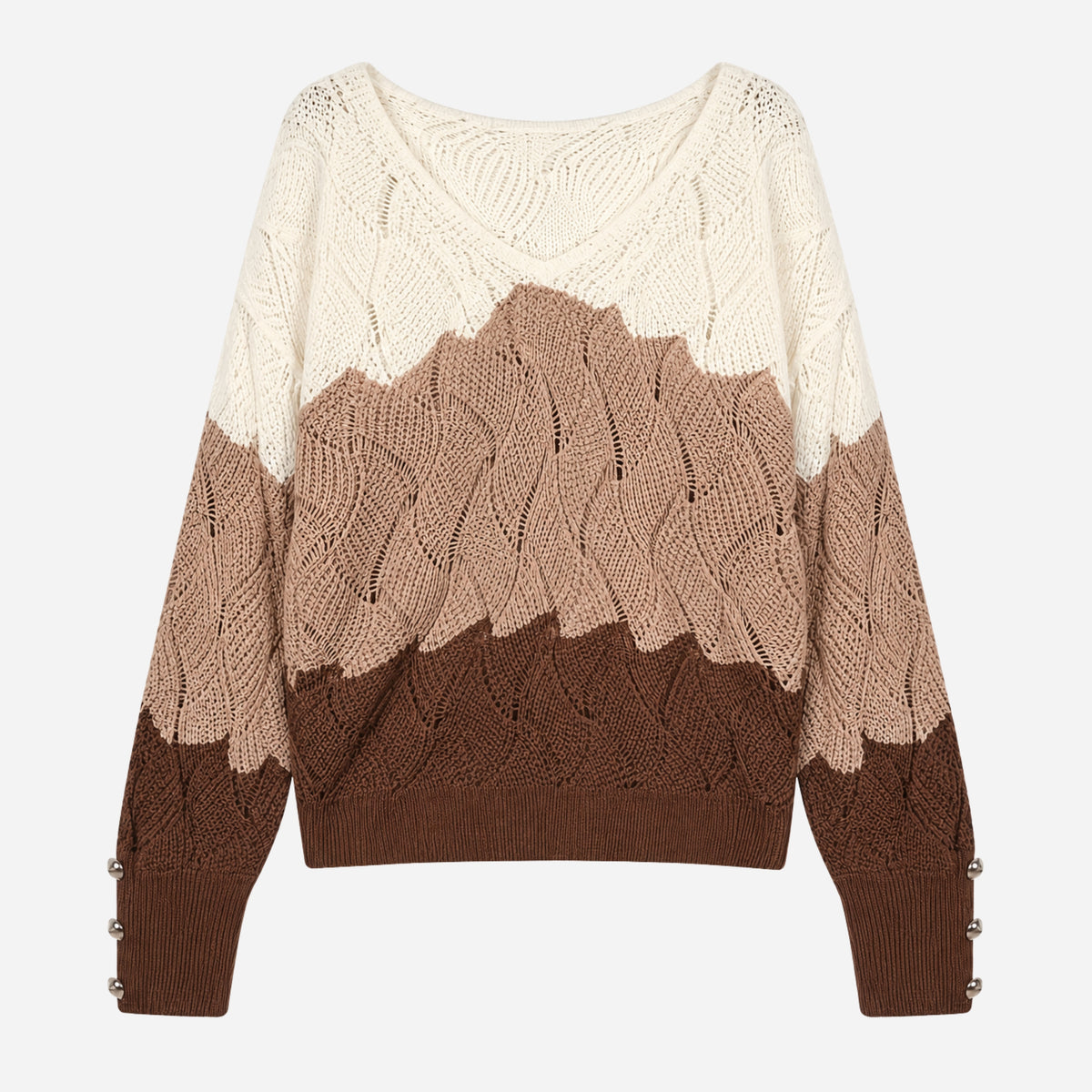 Women’s Colour-Block Openwork V-Neck Knitted Jumper-Fowsa