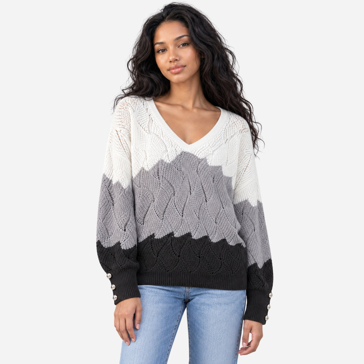 Women’s Colour-Block Openwork V-Neck Knitted Jumper-Fowsa