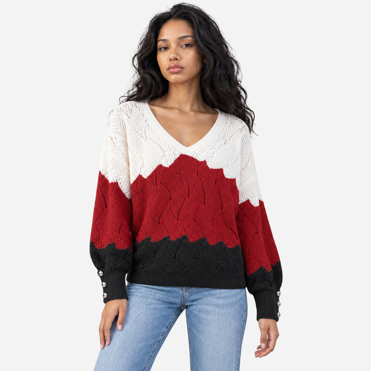 Women’s Colour-Block Openwork V-Neck Knitted Jumper-Fowsa