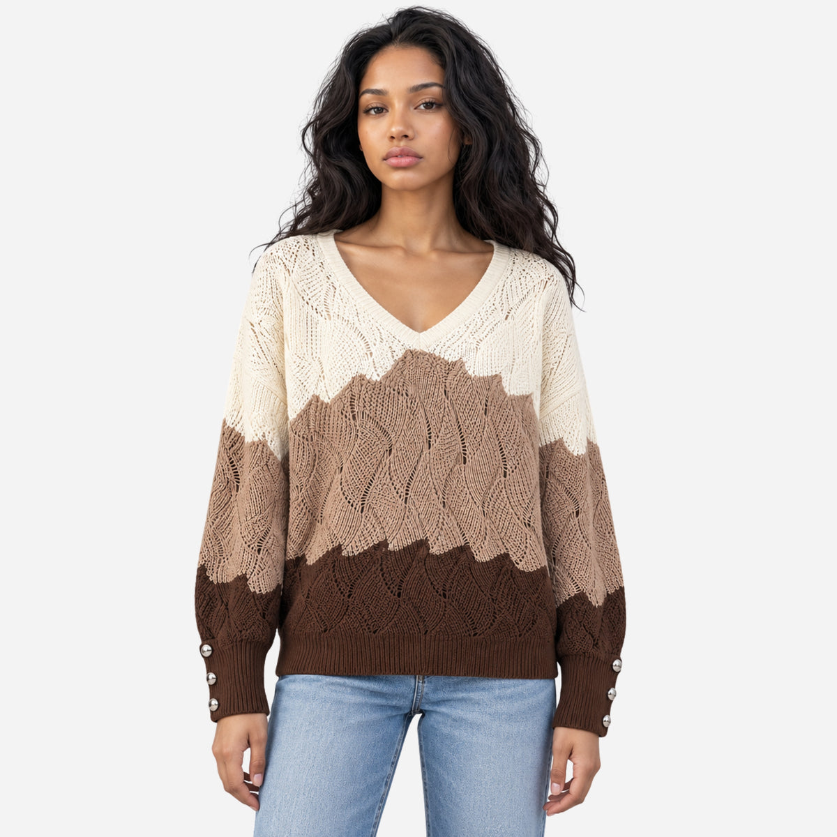 Women’s Colour-Block Openwork V-Neck Knitted Jumper-Fowsa