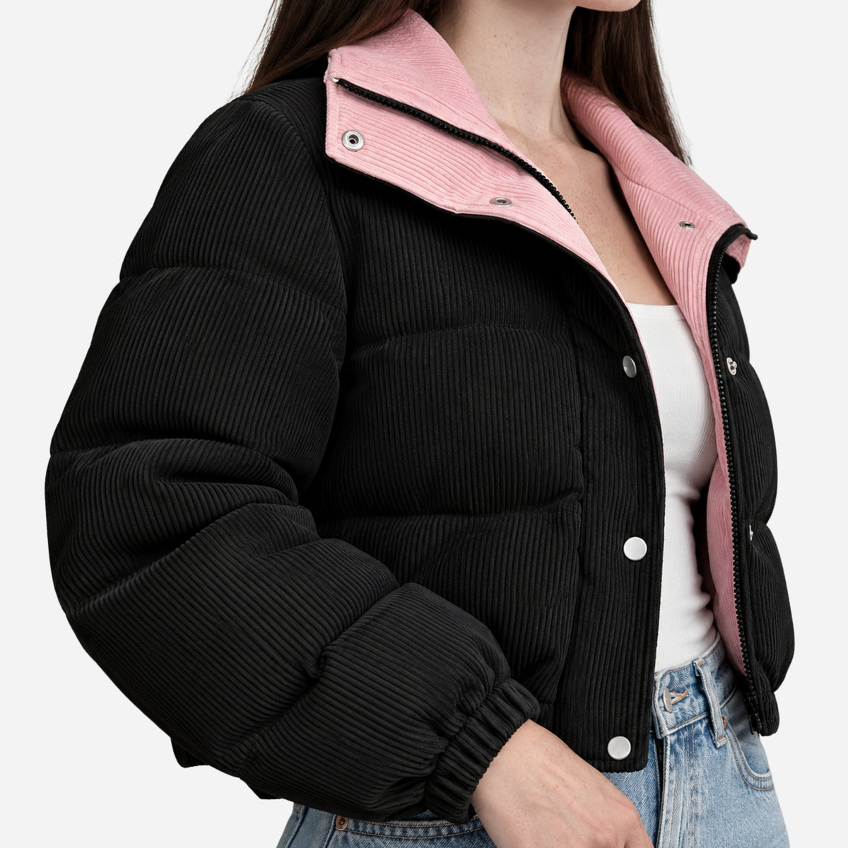 Women’s Contrast-Collar Corduroy Puffer Jacket-Fowsa