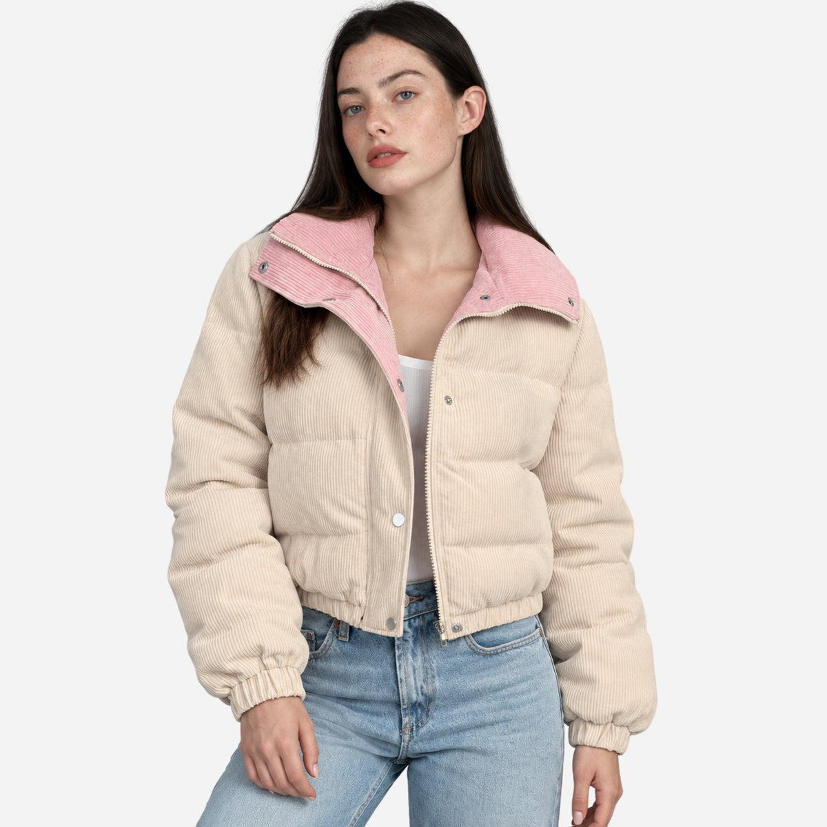 Women’s Contrast-Collar Corduroy Puffer Jacket-Fowsa