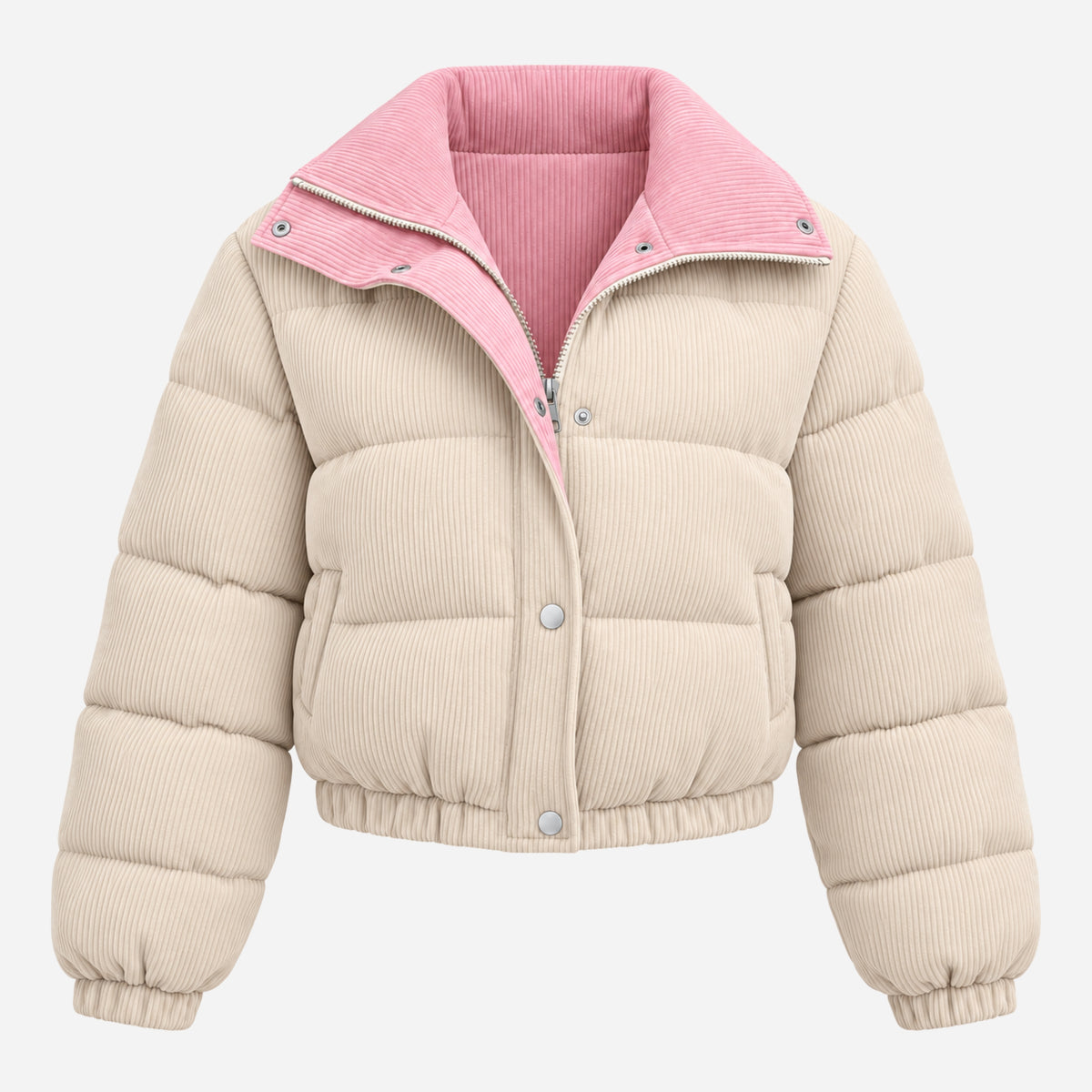 Women’s Contrast-Collar Corduroy Puffer Jacket-Fowsa