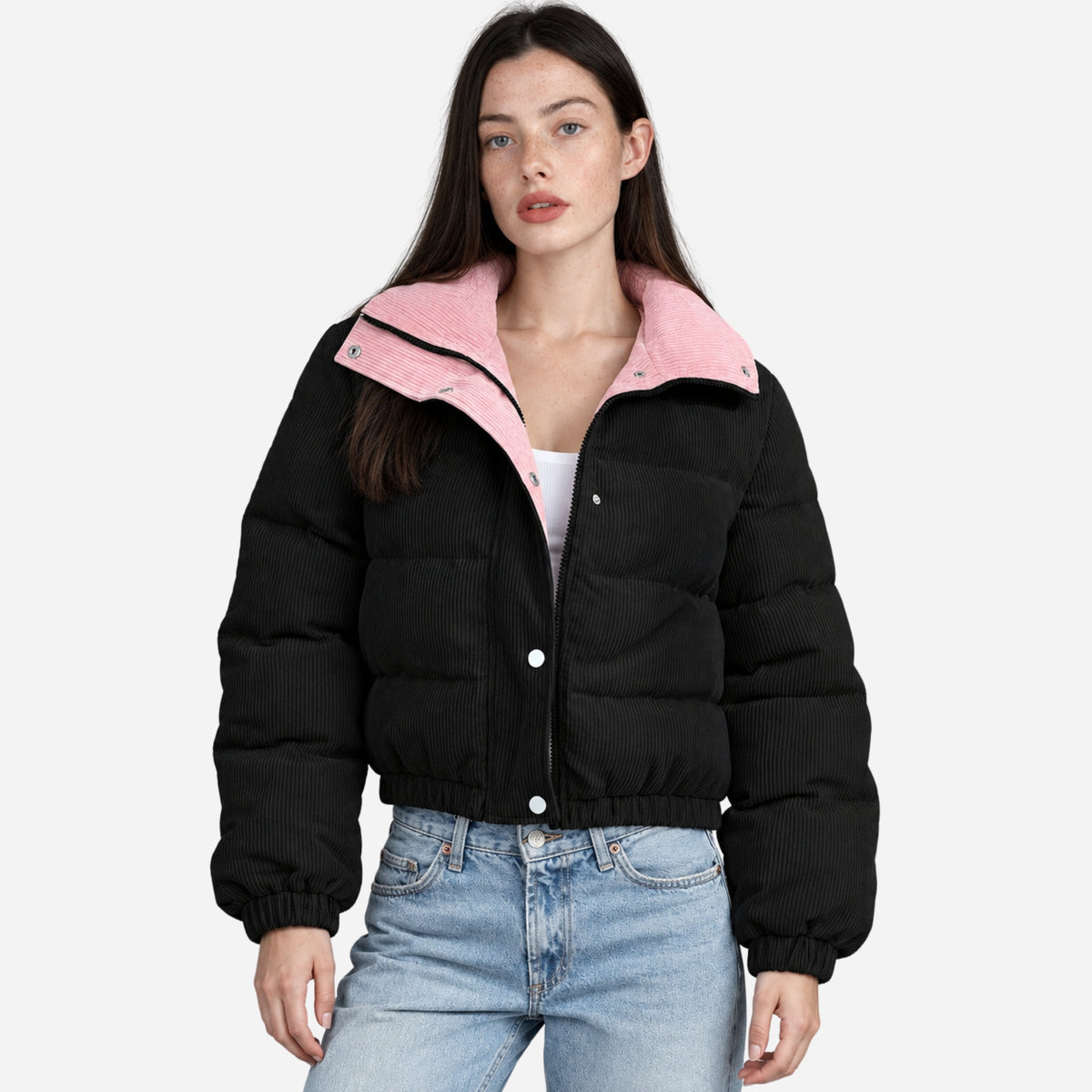 Women’s Contrast-Collar Corduroy Puffer Jacket-Fowsa