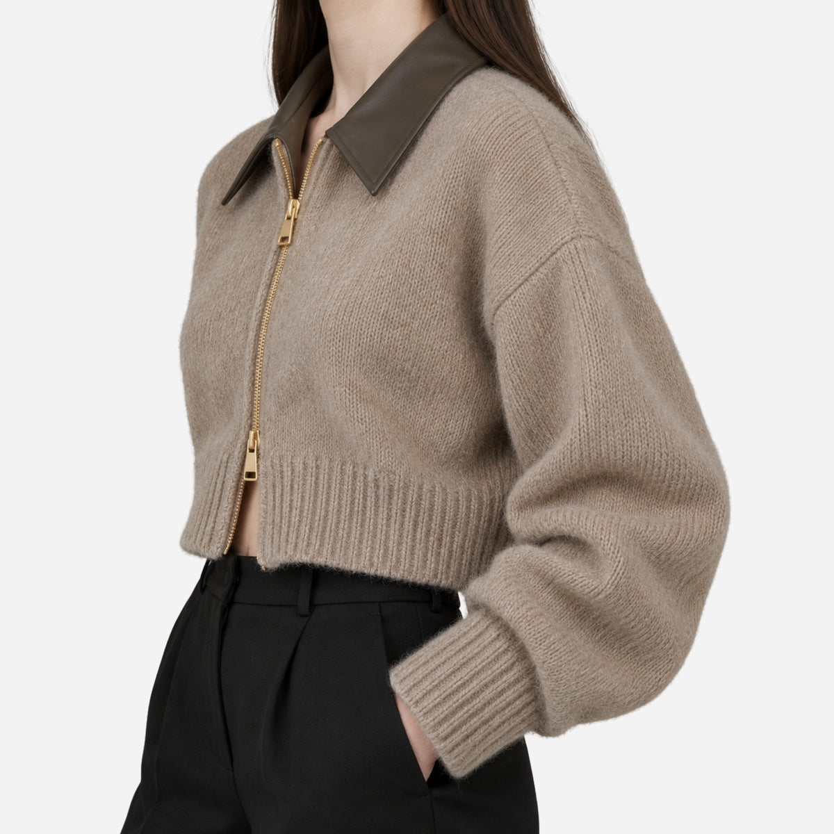 Women’s Contrast-Collar Full-Zip Cropped Jumper-Fowsa