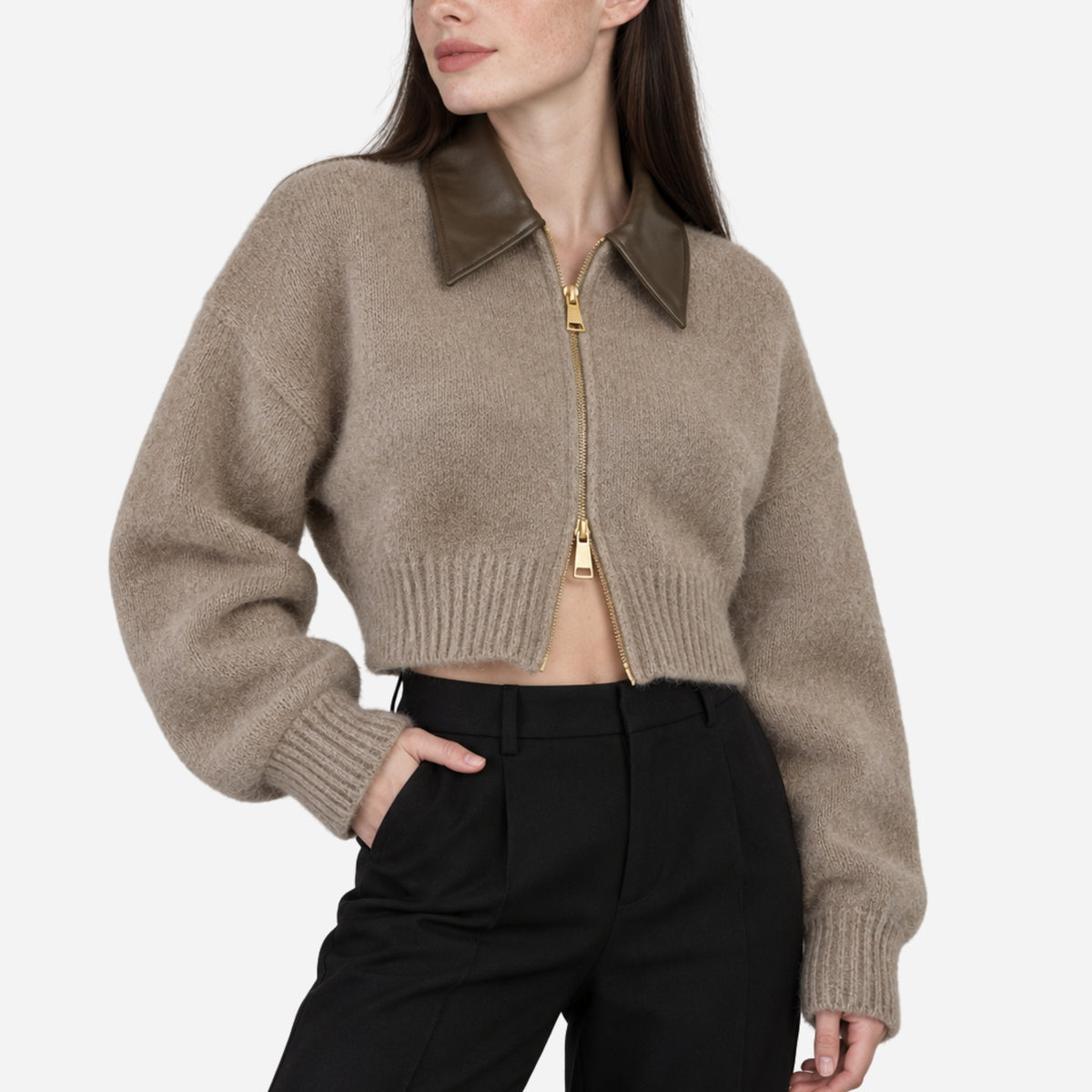 Women’s Contrast-Collar Full-Zip Cropped Jumper-Fowsa