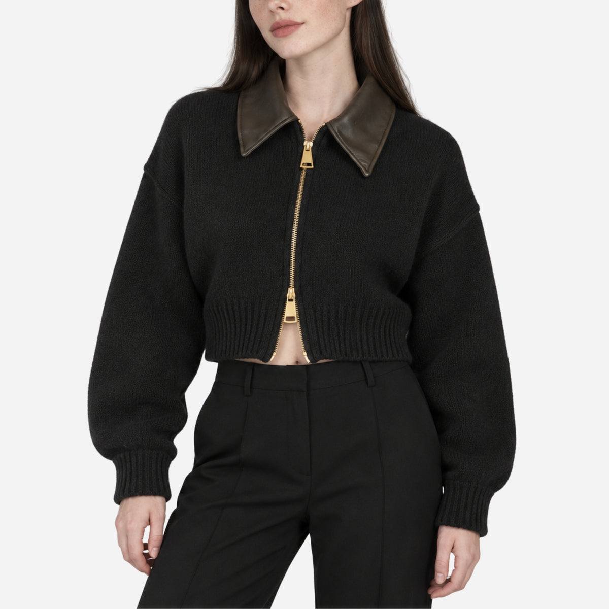 Women’s Contrast-Collar Full-Zip Cropped Jumper-Fowsa