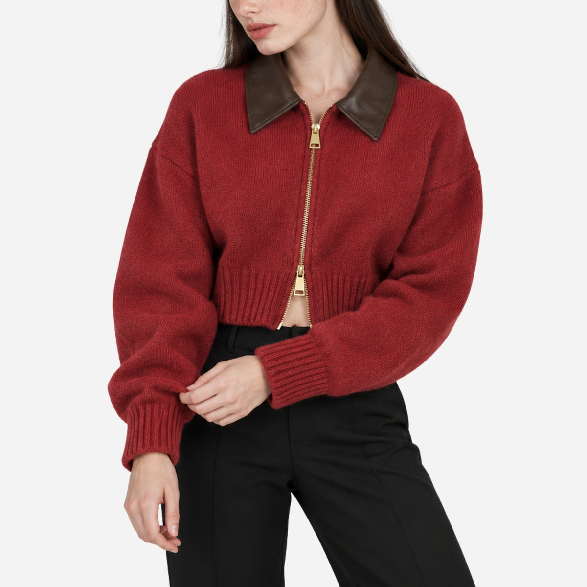 Women’s Contrast-Collar Full-Zip Cropped Jumper-Fowsa