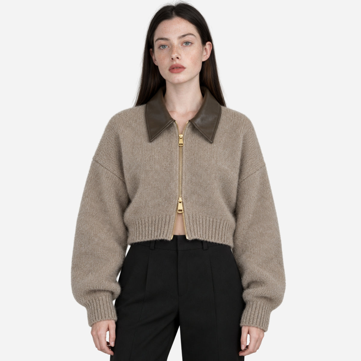 Women’s Contrast-Collar Full-Zip Cropped Jumper-Fowsa