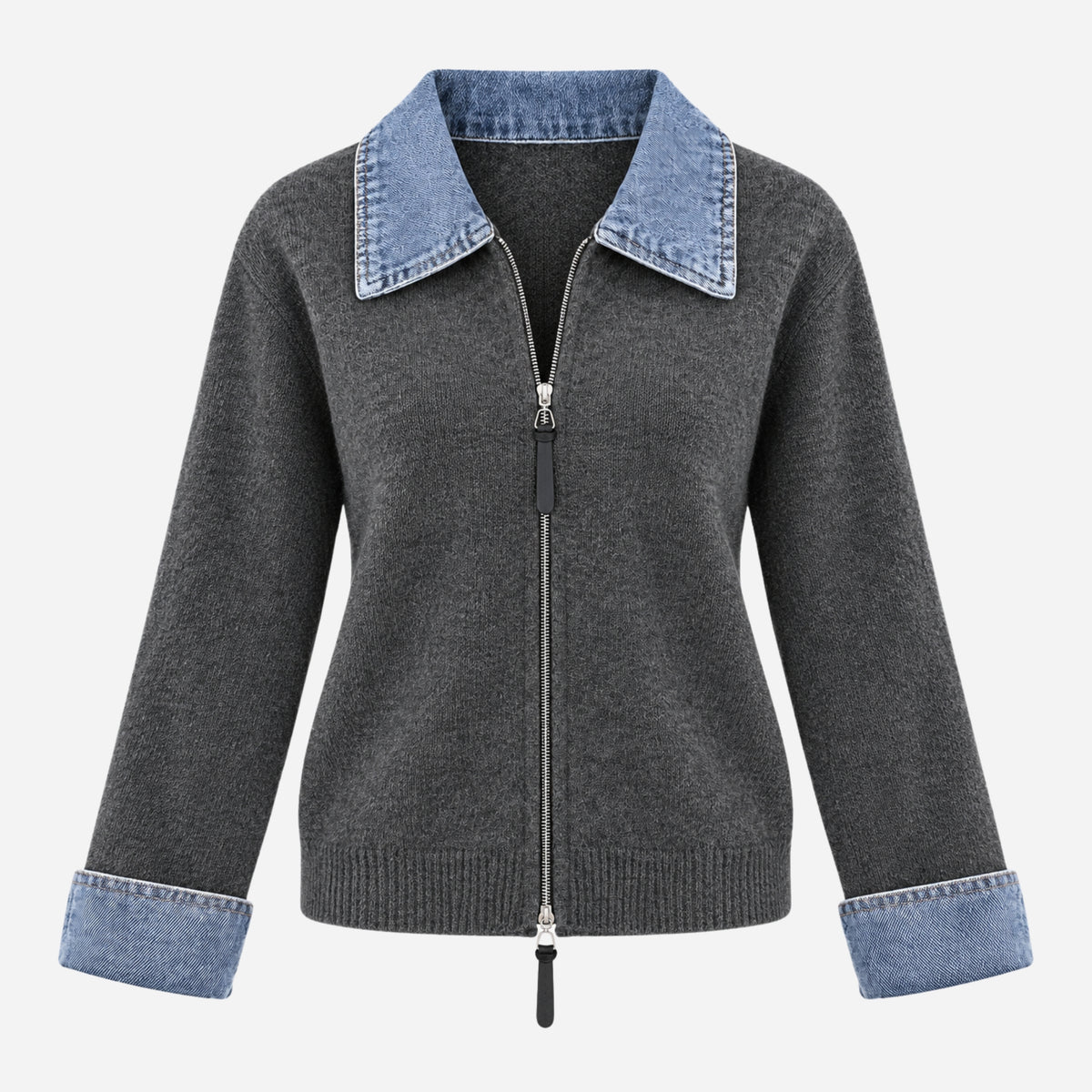 Women’s Contrast-Collar Two-Way Zip Knit Jumper-Fowsa