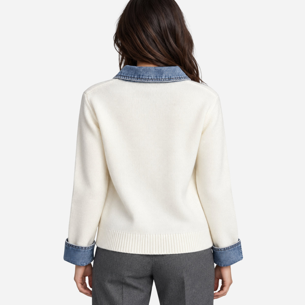 Women’s Contrast-Collar Two-Way Zip Knit Jumper-Fowsa