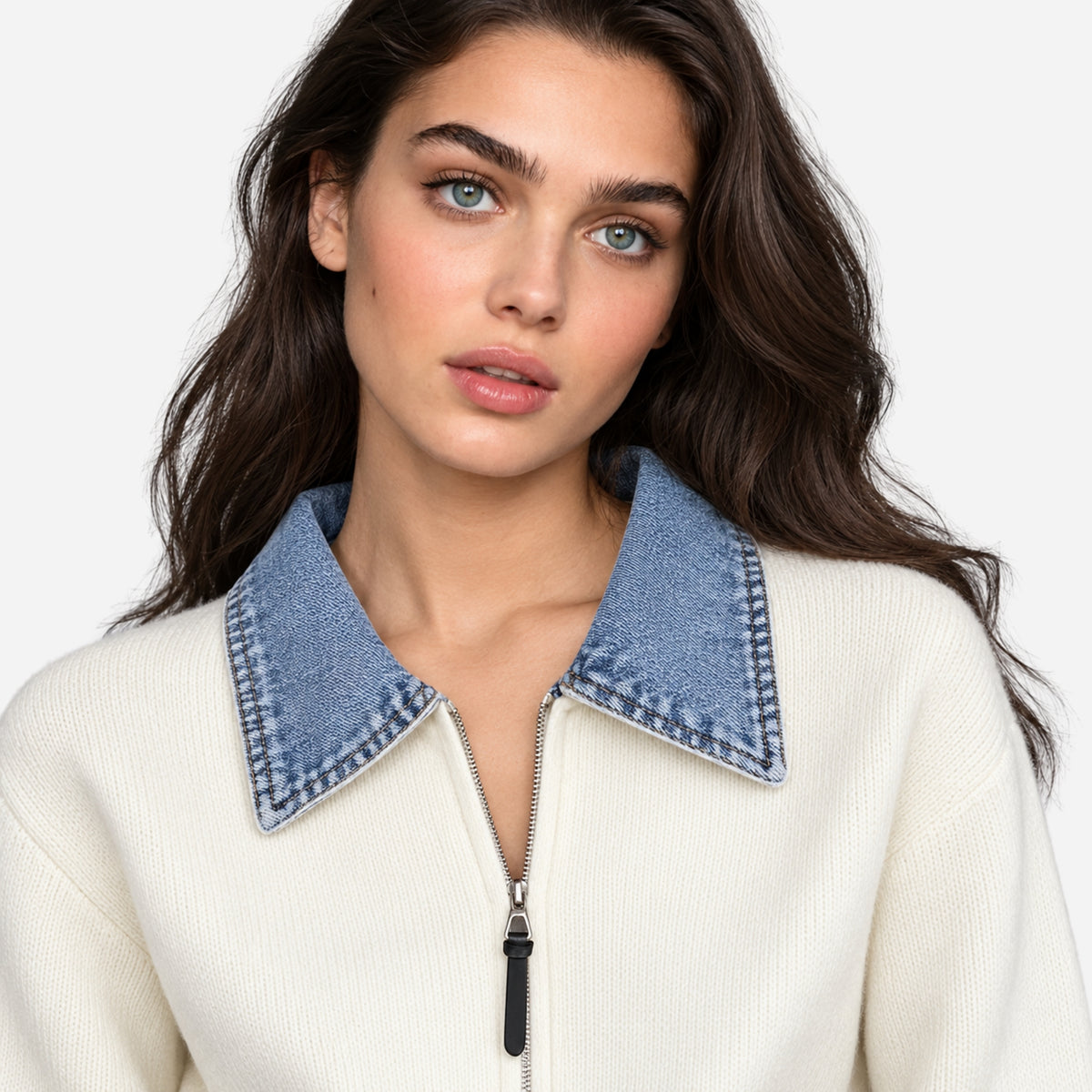 Women’s Contrast-Collar Two-Way Zip Knit Jumper-Fowsa