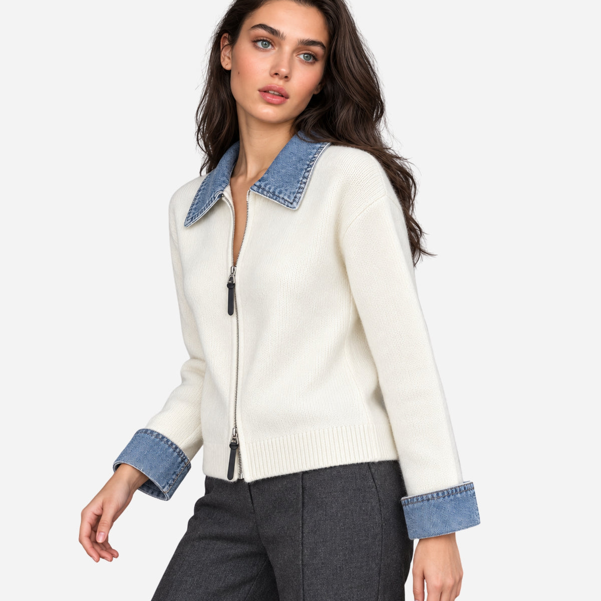 Women’s Contrast-Collar Two-Way Zip Knit Jumper-Fowsa