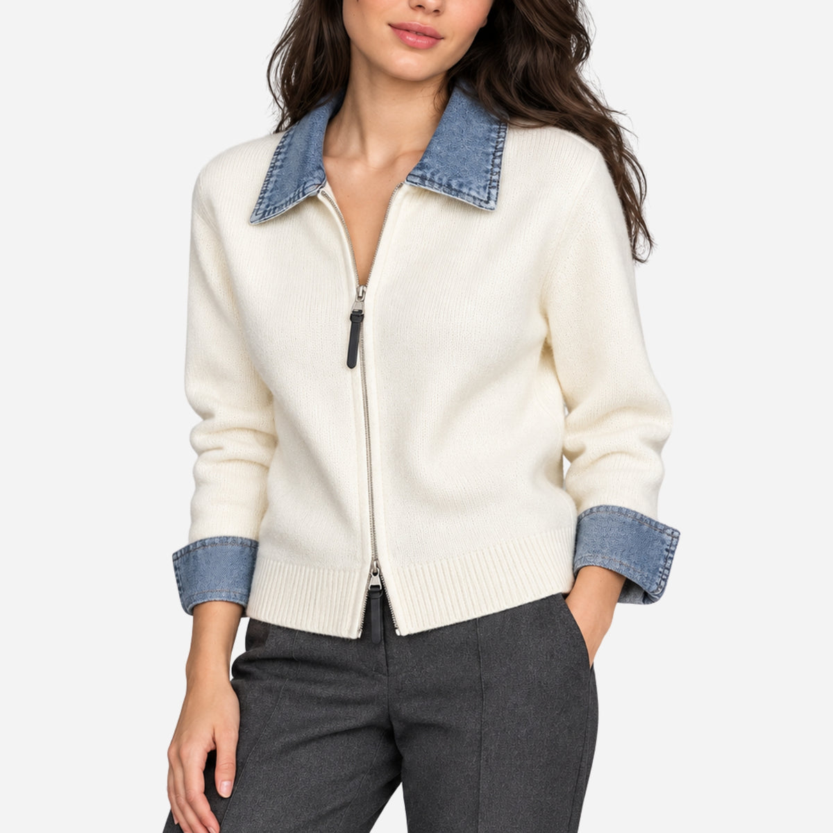 Women’s Contrast-Collar Two-Way Zip Knit Jumper-Fowsa