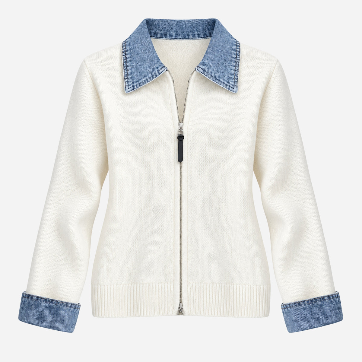 Women’s Contrast-Collar Two-Way Zip Knit Jumper-Fowsa