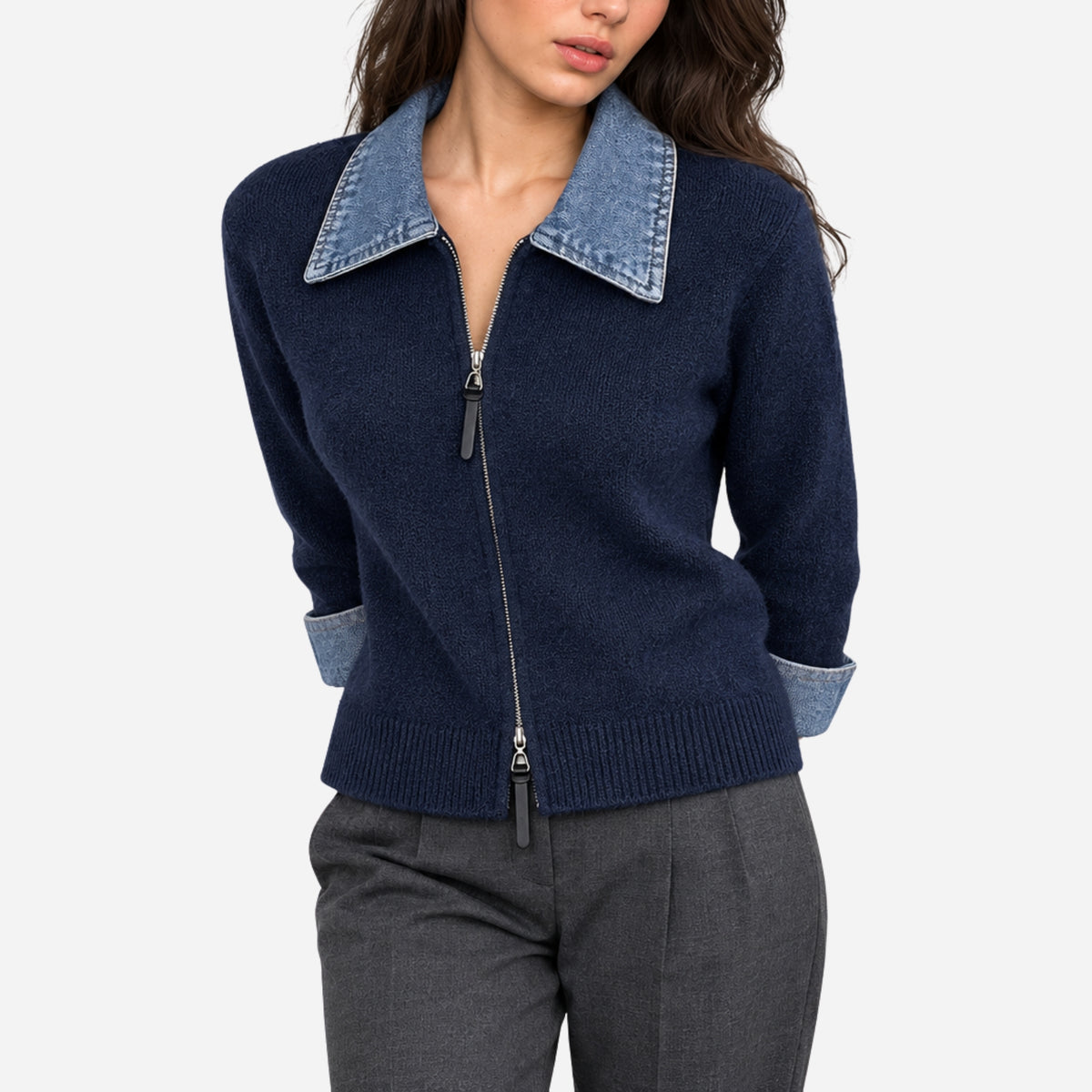 Women’s Contrast-Collar Two-Way Zip Knit Jumper-Fowsa