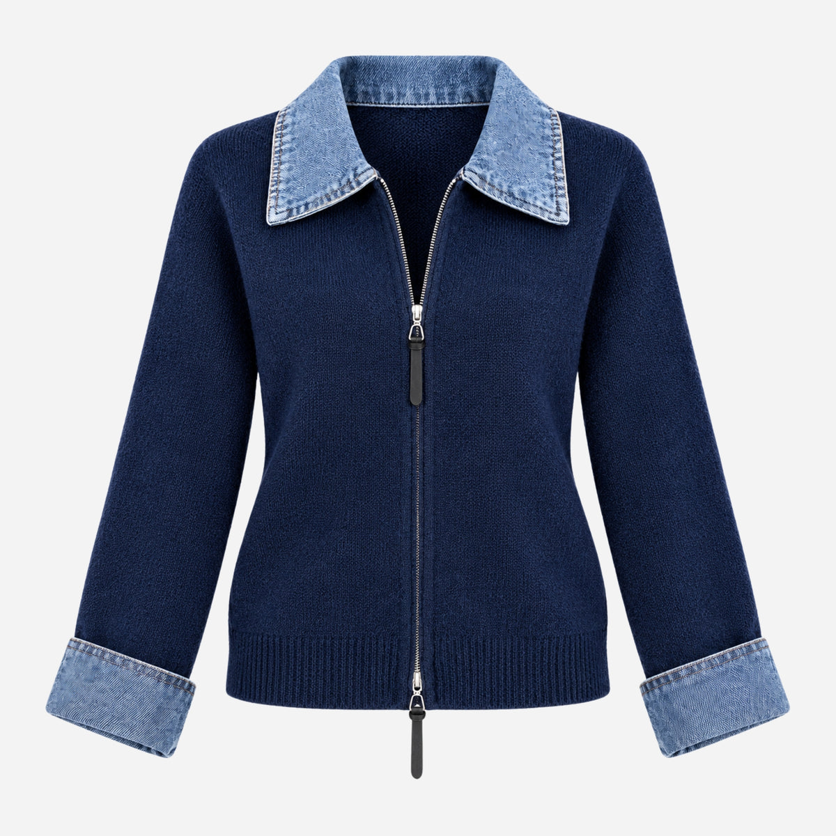 Women’s Contrast-Collar Two-Way Zip Knit Jumper-Fowsa