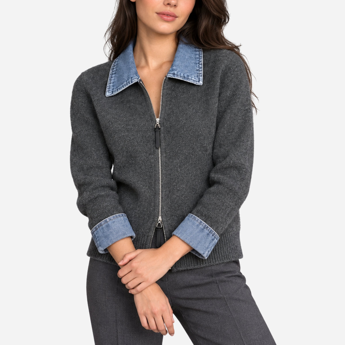Women’s Contrast-Collar Two-Way Zip Knit Jumper-Fowsa