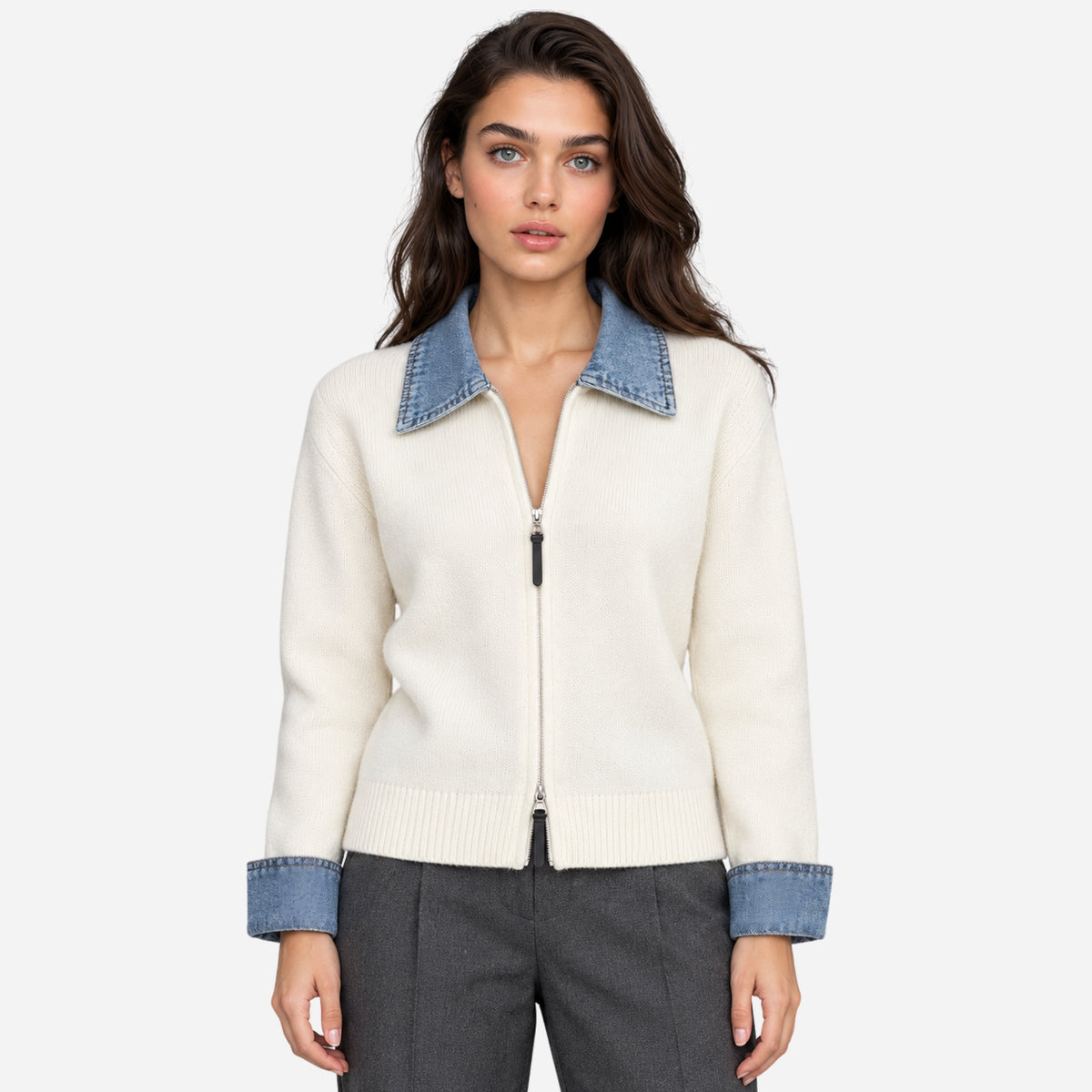 Women’s Contrast-Collar Two-Way Zip Knit Jumper-Fowsa