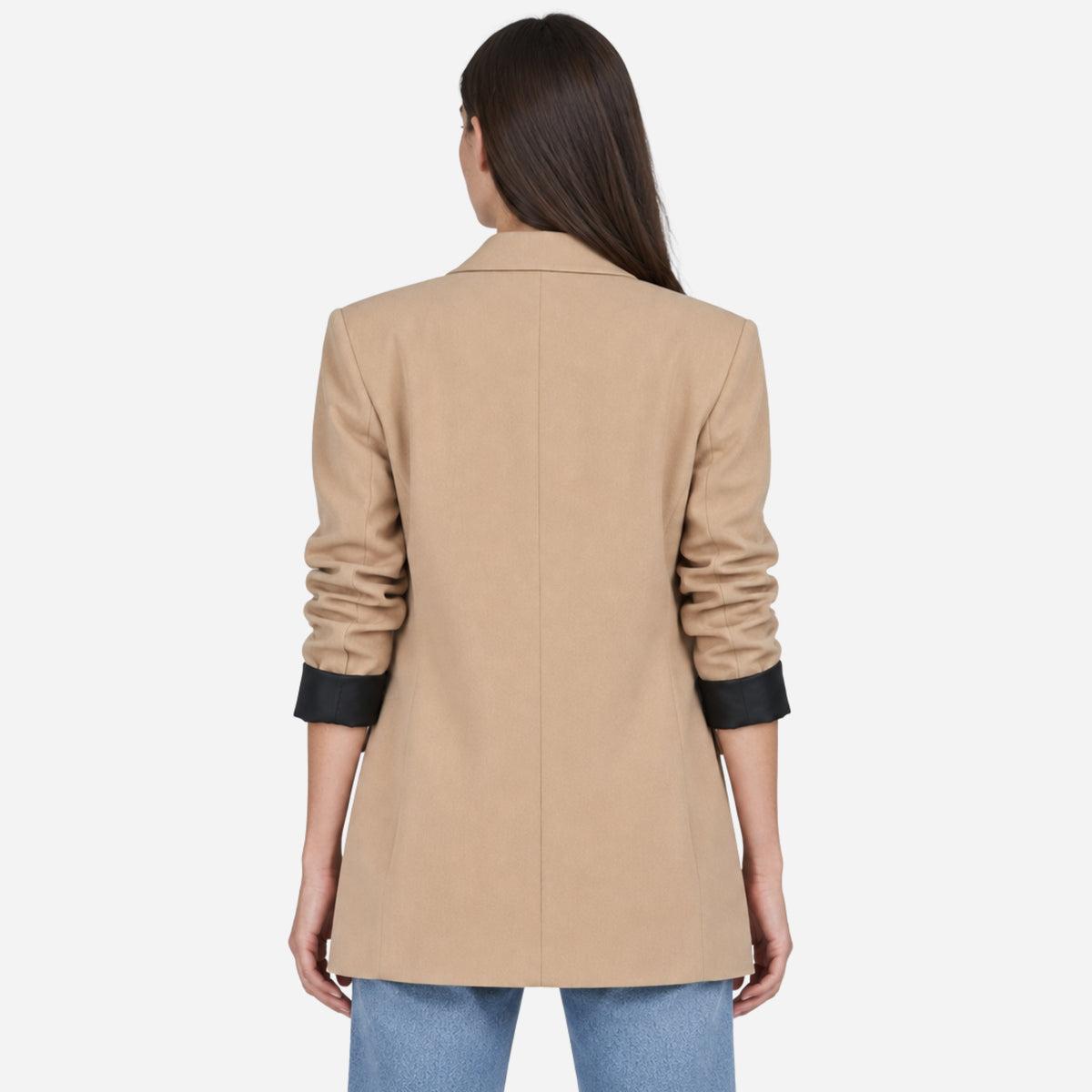 Women’s Contrast-Cuff Double-Breasted Longline Blazer-Fowsa
