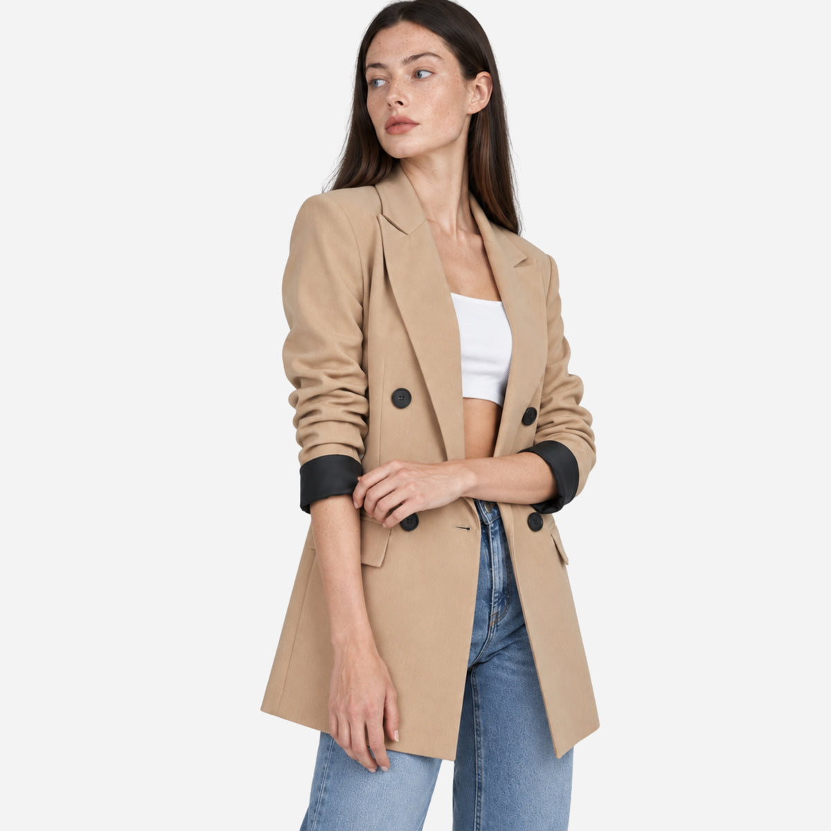 Women’s Contrast-Cuff Double-Breasted Longline Blazer-Fowsa