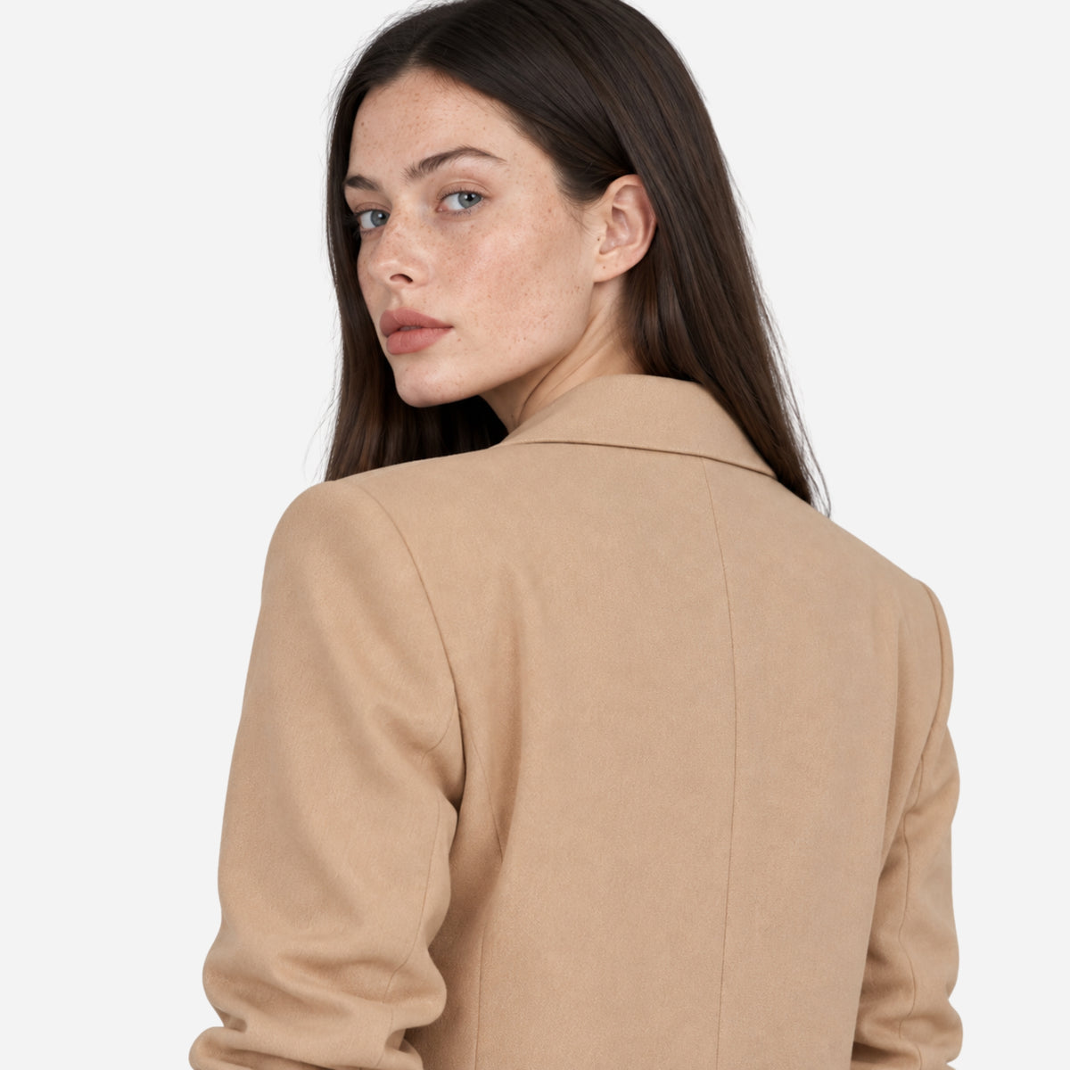 Women’s Contrast-Cuff Double-Breasted Longline Blazer-Fowsa