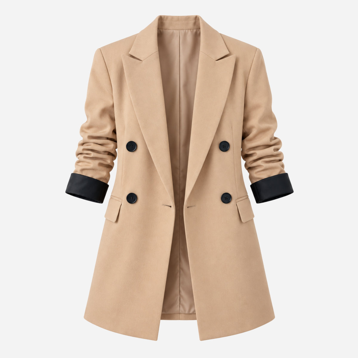 Women’s Contrast-Cuff Double-Breasted Longline Blazer-Fowsa