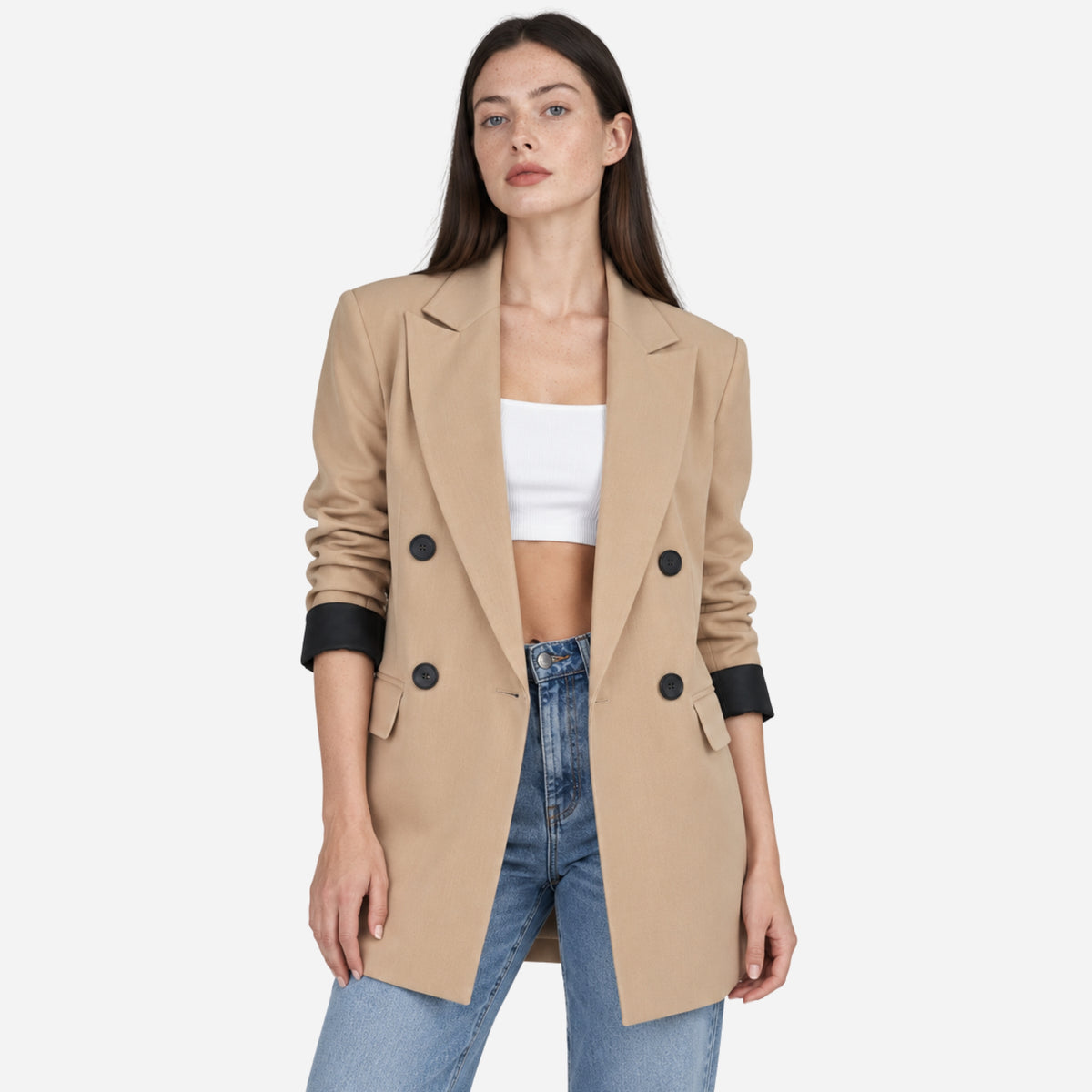 Women’s Contrast-Cuff Double-Breasted Longline Blazer-Fowsa
