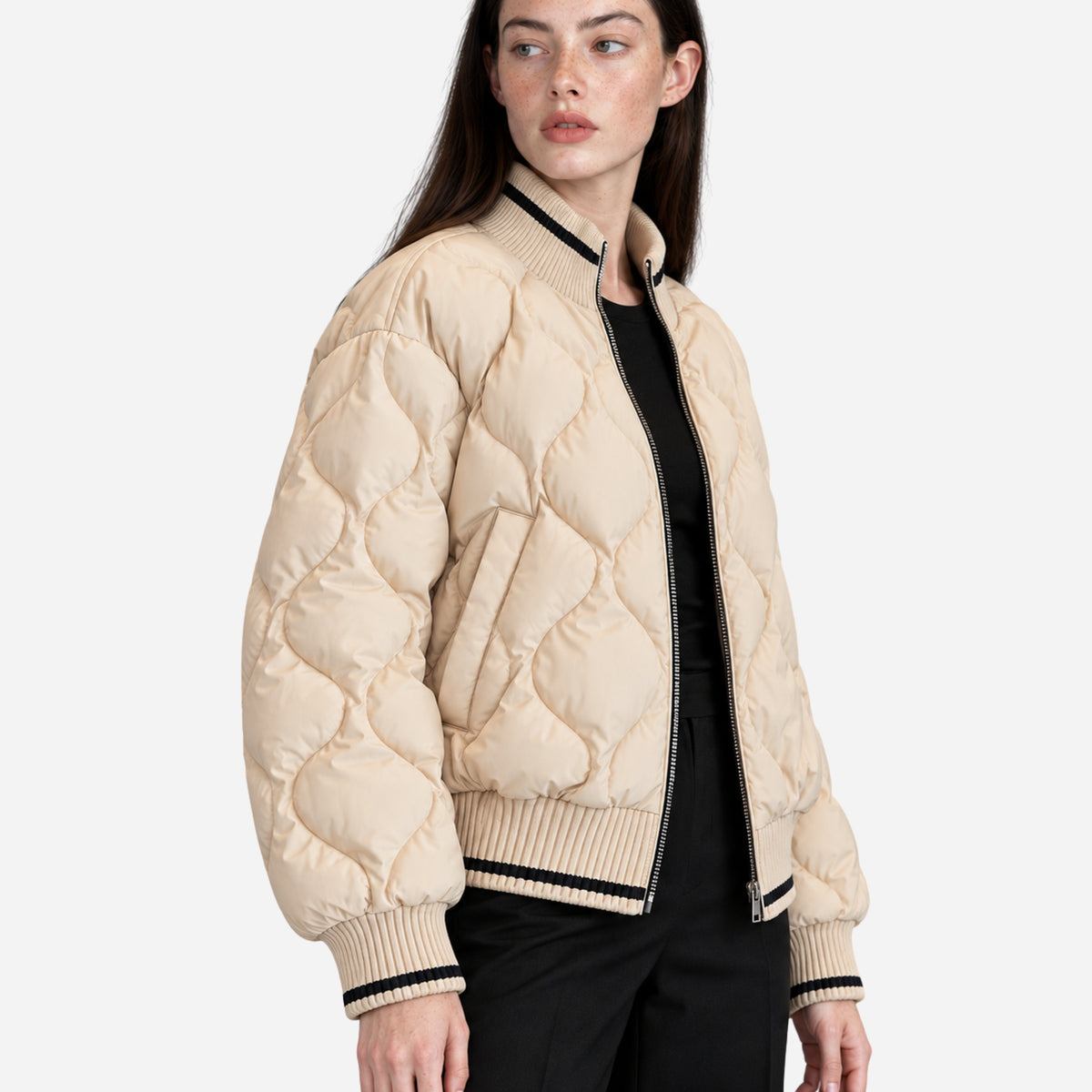 Women’s Contrast-Trim Quilted Bomber Jacket-Fowsa