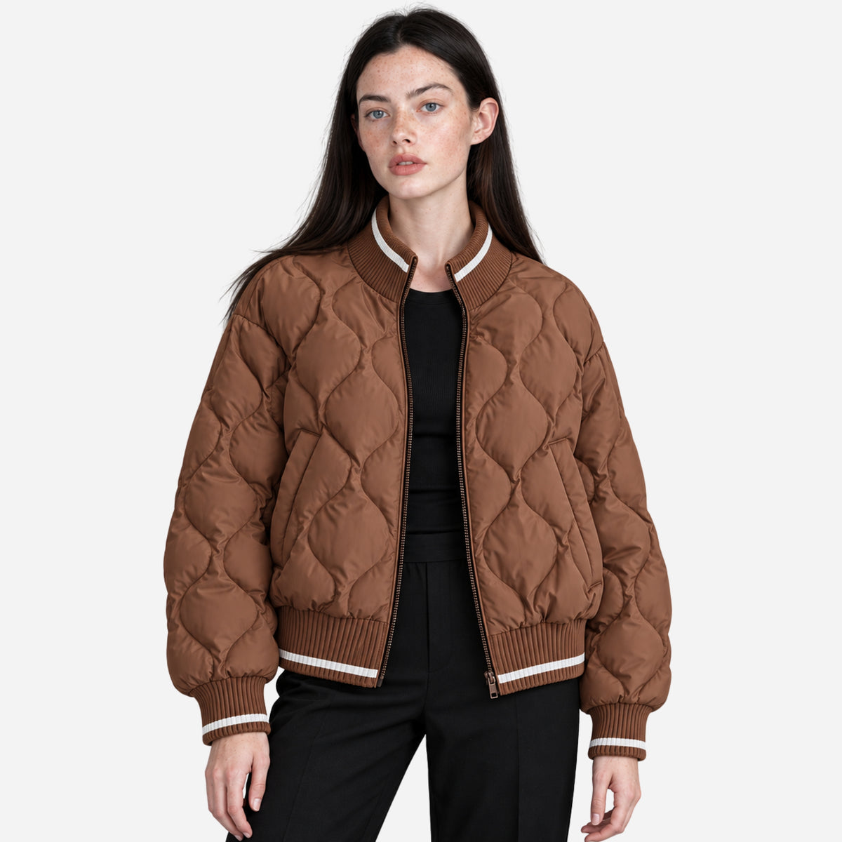 Women’s Contrast-Trim Quilted Bomber Jacket-Fowsa