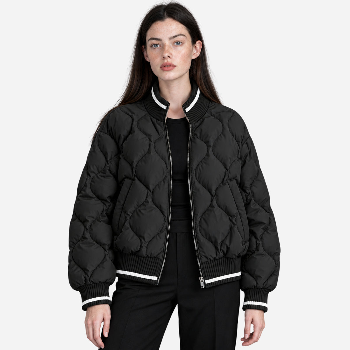 Women’s Contrast-Trim Quilted Bomber Jacket-Fowsa