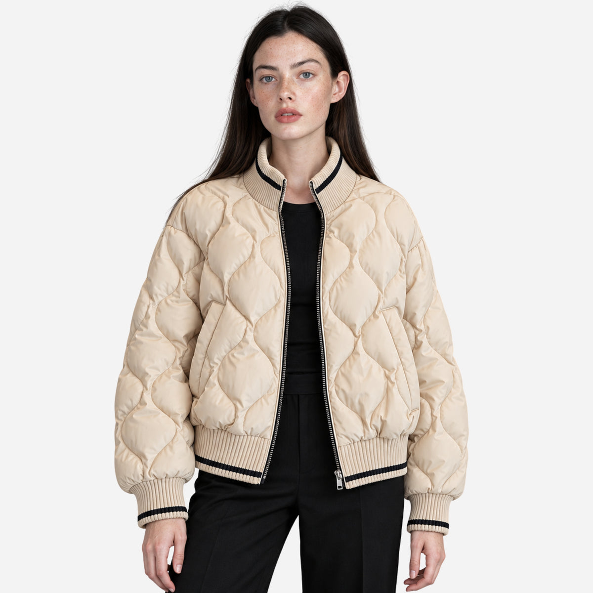 Women’s Contrast-Trim Quilted Bomber Jacket-Fowsa