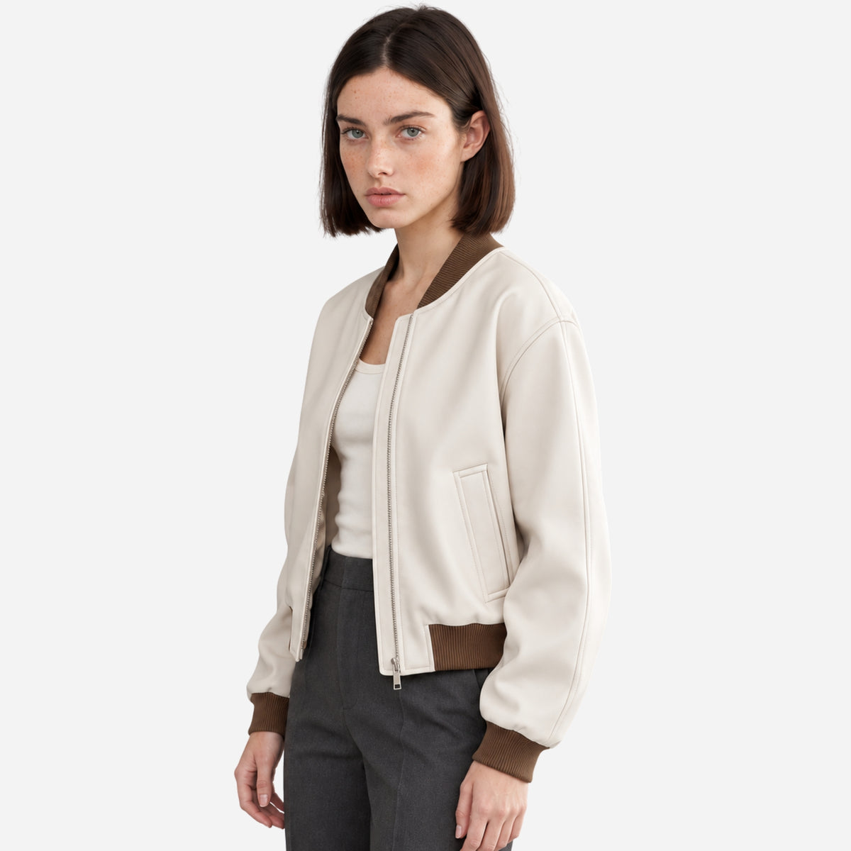 Women’s Contrast-Trim Zip-Up Bomber Jacket-Fowsa