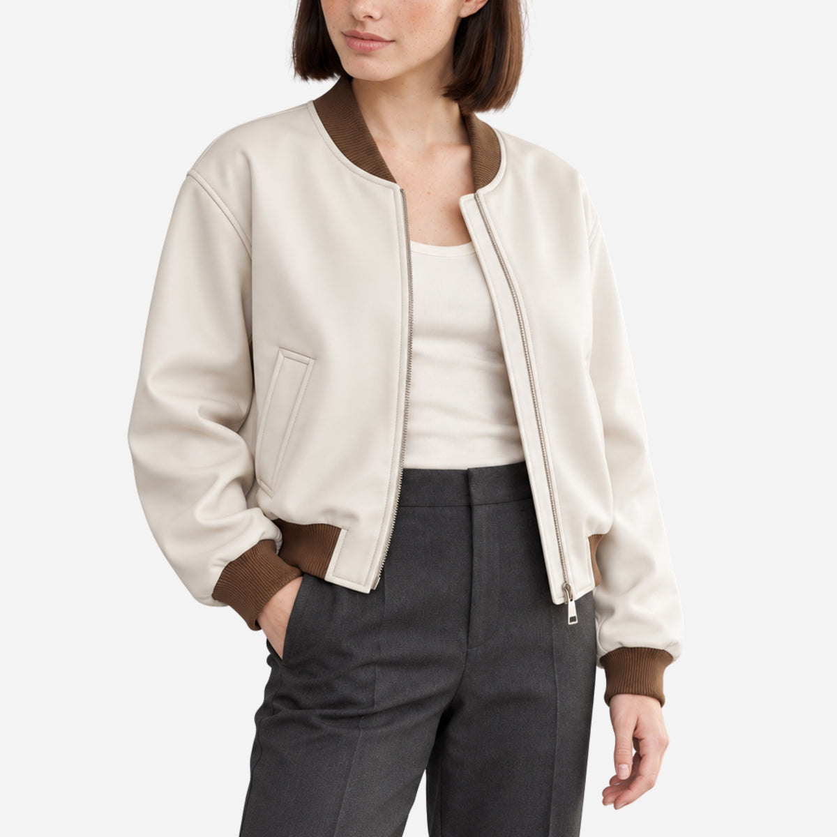 Women’s Contrast-Trim Zip-Up Bomber Jacket-Fowsa