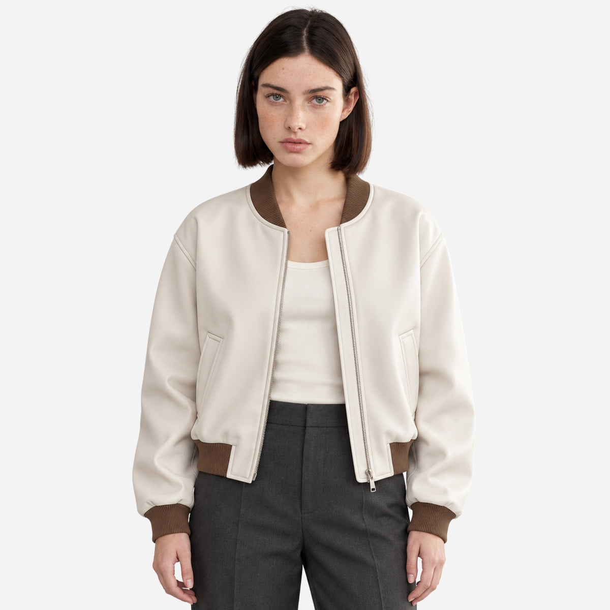 Women’s Contrast-Trim Zip-Up Bomber Jacket-Fowsa
